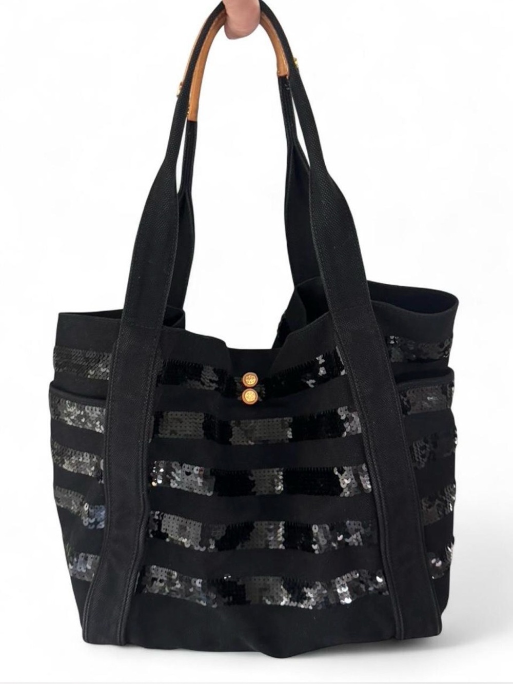 MZ Wallace Ava Tote Black Sequin Stripe Canvas Bag w/ Pouch Travel Work EUC